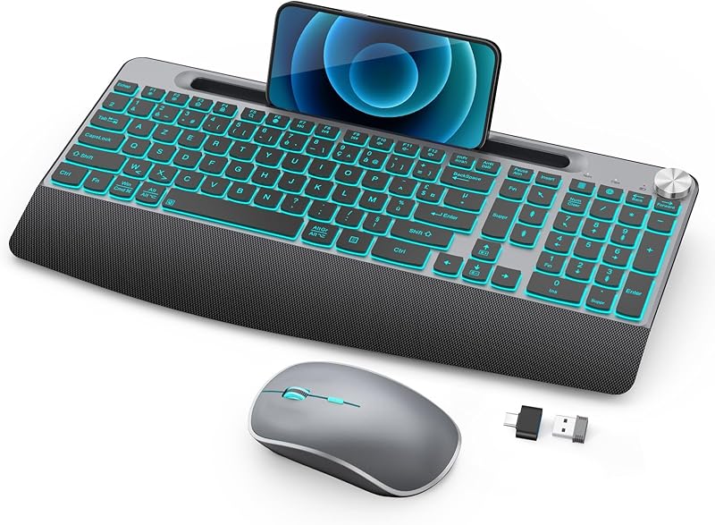 JOYACCESS Ensemble Clavier et Souris sans Fil AZERTY, Combo Rechargeable Rétroéclairé avec Support T
