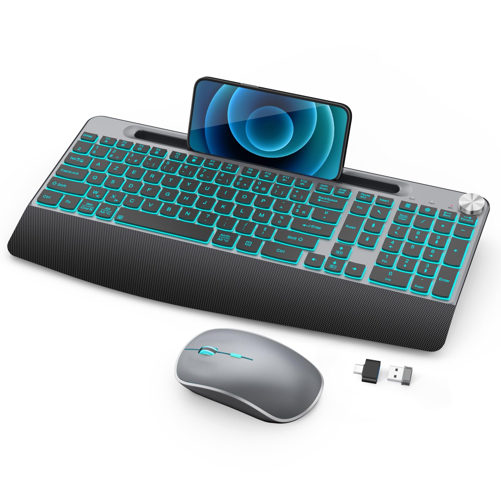 Ergonomic keyboard with wrist rest, showing comfortable hand placement compared to a standard keyboard.