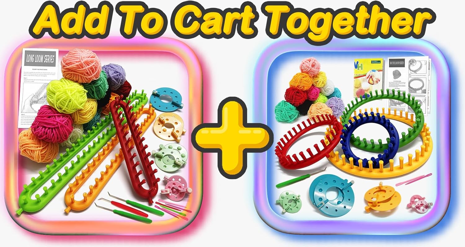 UCDRMA 58PC Loom Knitting Kit for Beginners, Long Loom and Round Loom Knitting Set with Yarn, Instructions and Pom Pom Maker, Quick Hat Knitting Loom Set/Scarf Loom Knitting Set for Adult/Kids