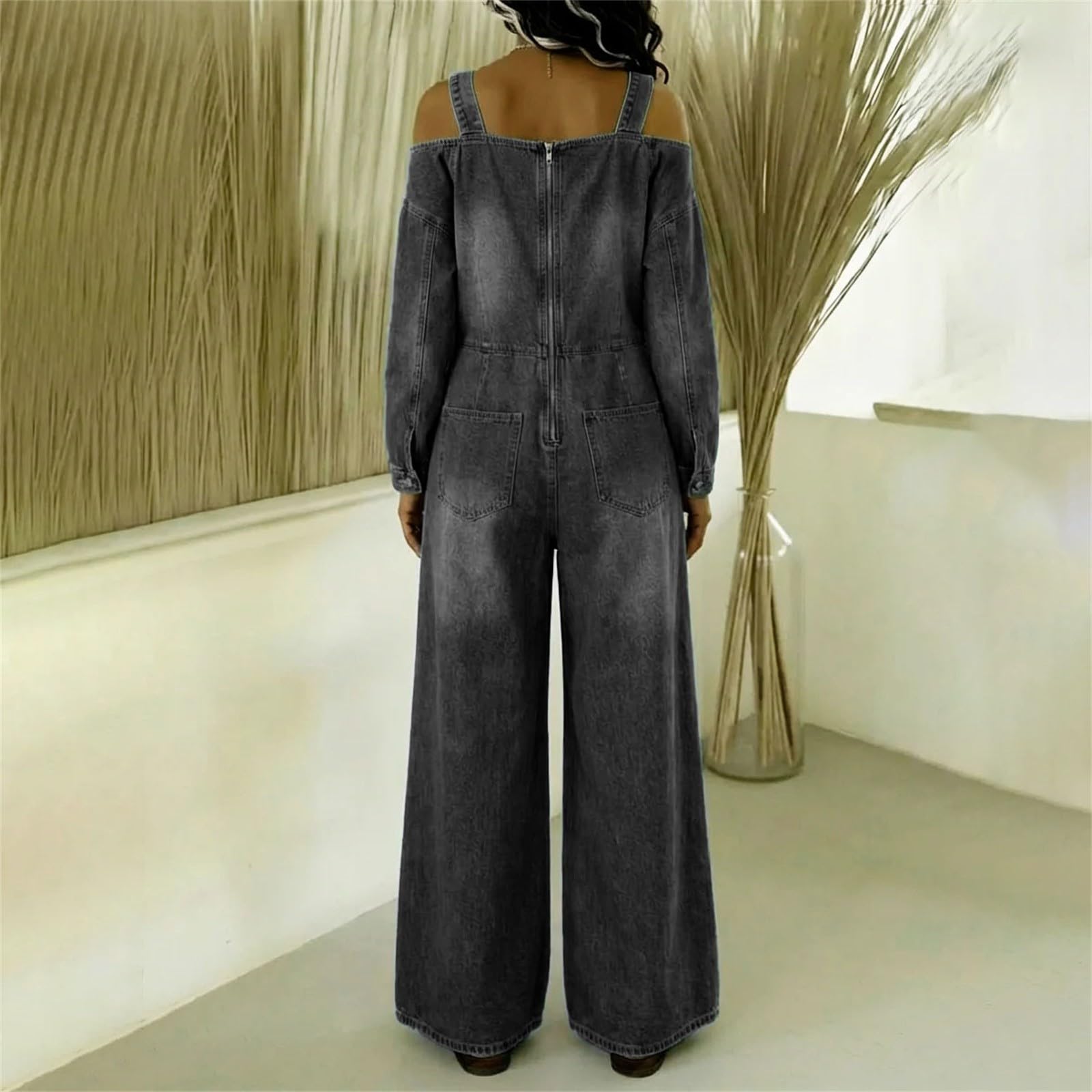 Generisch Salopette da donna in jeans lunga, stile vintage, a maniche lunghe, con bretelle