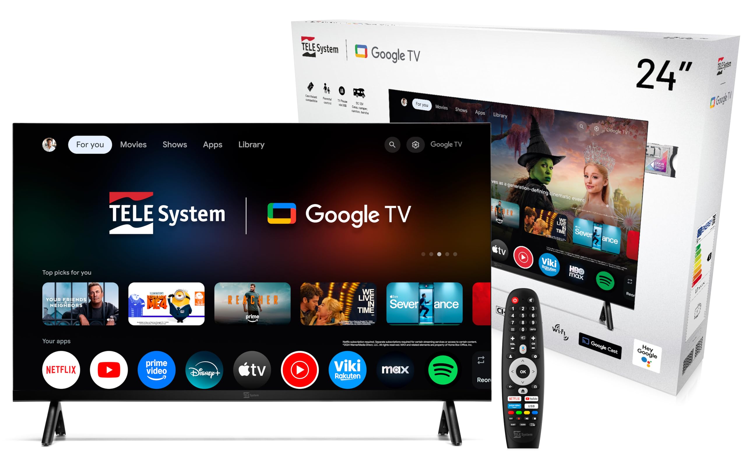 TELE System TS24FL SMG15 Smart TV 24'' Google TV, Travel TV 12V per Camper, Barca e Camion, WiFi, Bluetooth, DVB-T2/S2, Compatibile CAM tivùsat, Google Assistant, Google Cast, HD Ready