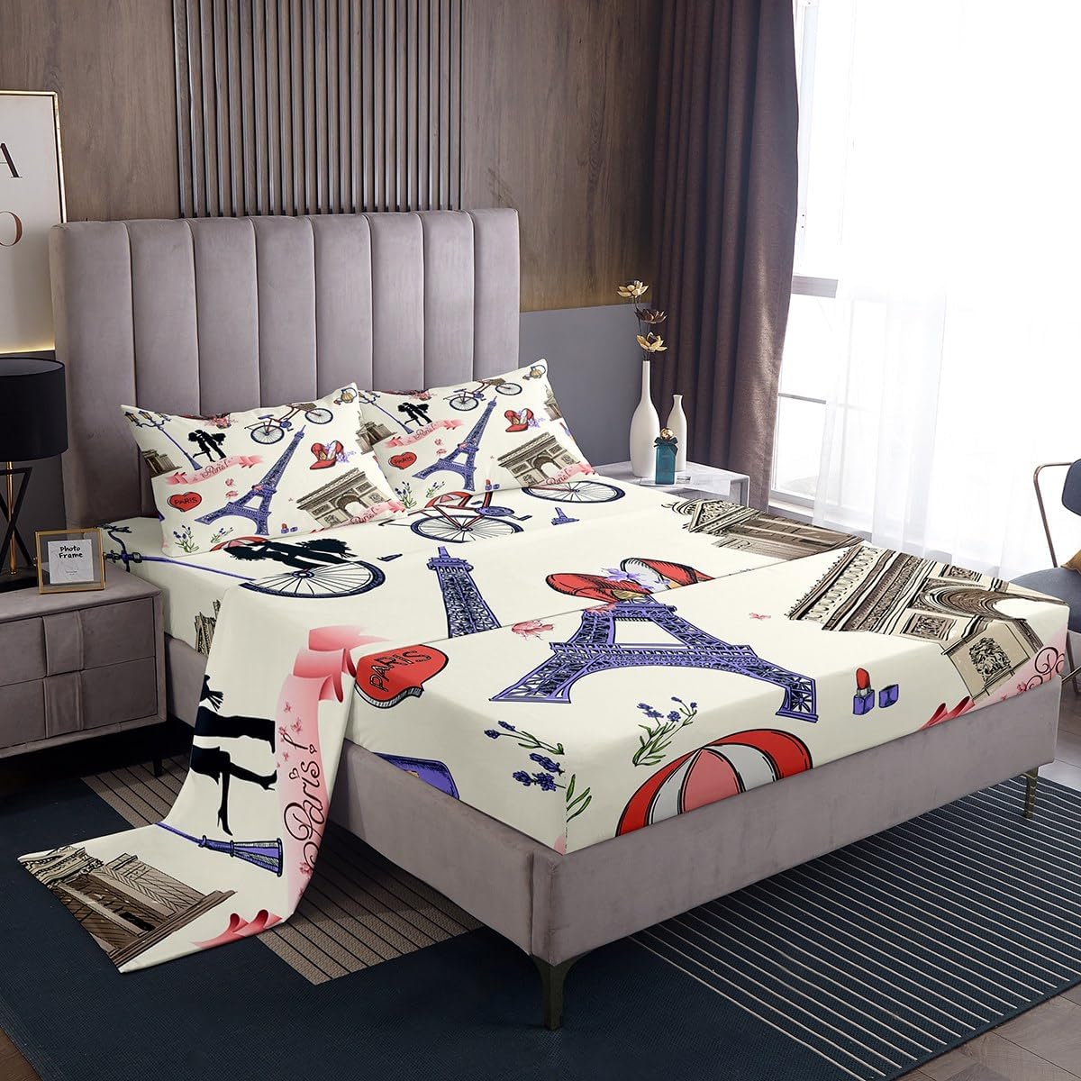 jejeloiu Pink Rose Floral Sheet Set King Size Couple Butterfly Sheets with Deep Pocket Fitted Sheet for Lover Blossom Flowers Romantic Floral Bed Sheets Set Botanical Valentine's Day Bedding Set