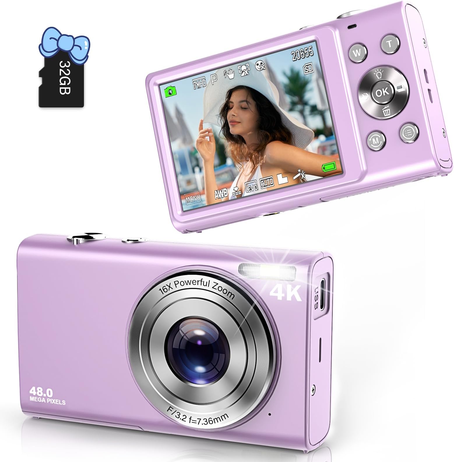 Digital Camera, Autofocus FHD 4K Vlogging Camera 48MP 16X Digital Zoom Digital Camera with 32GB Memory Card Portable Compact Small Video Camera for Teens Adult Beginner