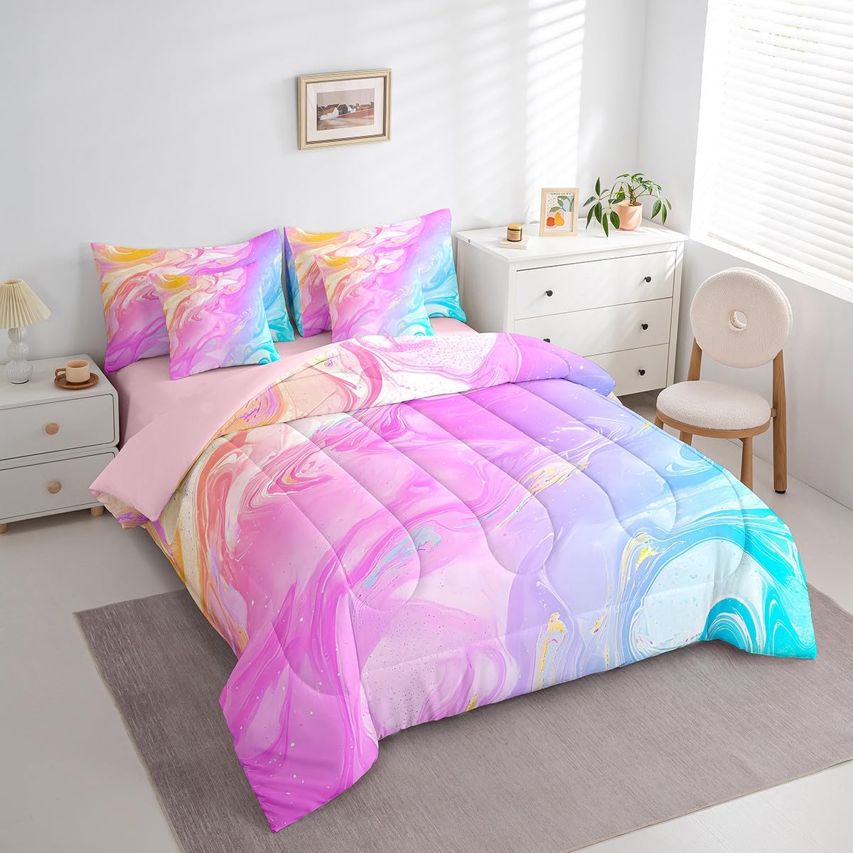 Feelyou Marble Print Comforter Set 7 Pieces Queen Size Girls Colorful Marble Bedding Set for Kids Teens Chic Rainbow Pink Teal Bed in A Bag Girly Novelty Modern Abstract Art Bed Set with Sheets