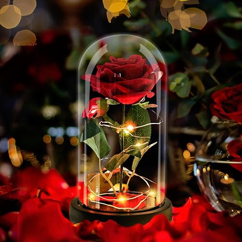 Rosa en una cúpula de cristal La Bella y la Bestia Encantada Rosa de Seda Roja Luz LED Regalo Romántico Película Tema Fiesta Día de la Madre Día de