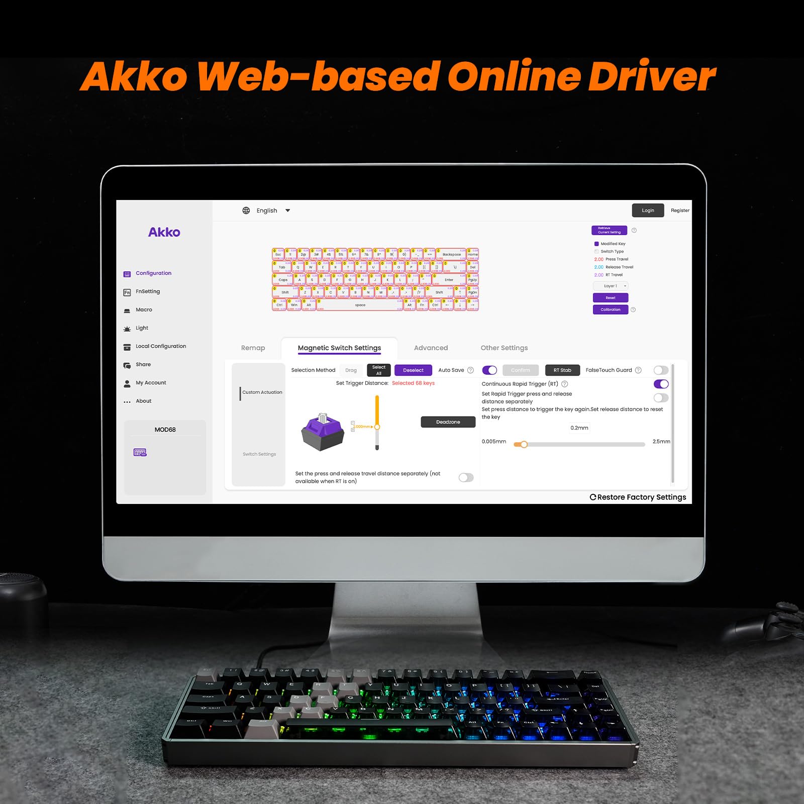 Akko MOD68 HE Tastatur 65% Hall Effekt Rapid Trigger 8K CNC Aluminium | QWERTY-Layout,kabelgebundene,AstroAim Magnetschalter, RT0,005 mm,Cherry Profil Tasten für PC Gaming(Schwarz Transparent)