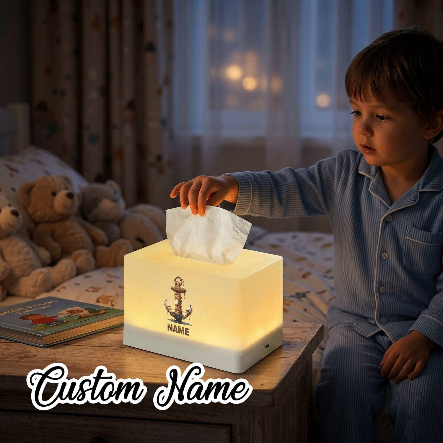 Personalized Anchor Night Light Tissue Box Cover, Rechargeable LED Lamp for Bedroom, Nautical Decor image 4