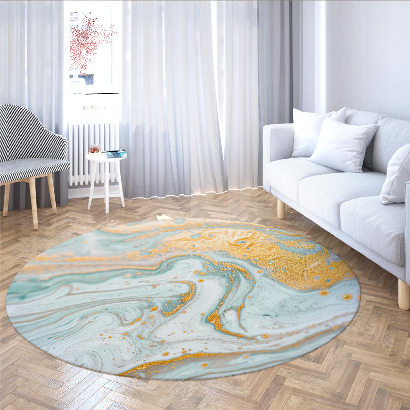 Tapis rond lavable salon marbre turquoise or 180cm pour une salle de séjour chic