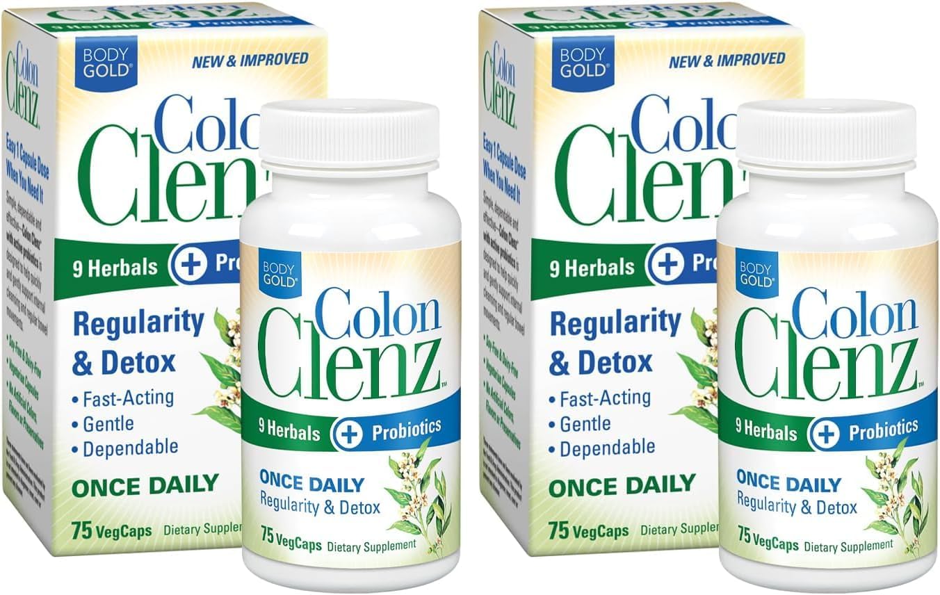 Body Gold Colon Clenz Regularity & Detox Formula | Once Daily Support with 9 Herbs + Active Probiotics | 75 CT (Pack of 2)