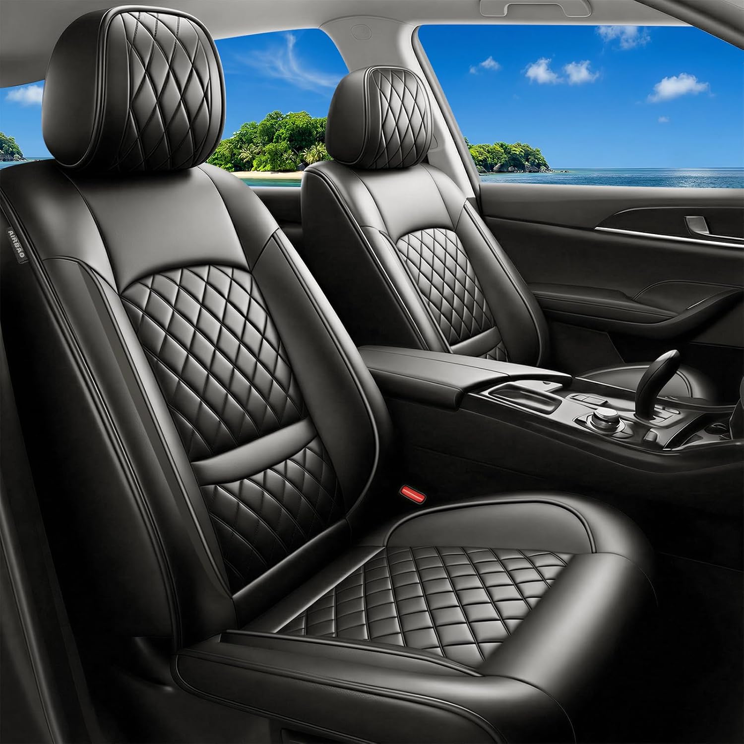 Fit Car Seat Covers for - Luxury Leather, Anti-Slip, All-Weather Seat Cushions, Waterproof & Breathable, Airbag Compatible, Full 5-Seat Set (Black) QB001-2A03