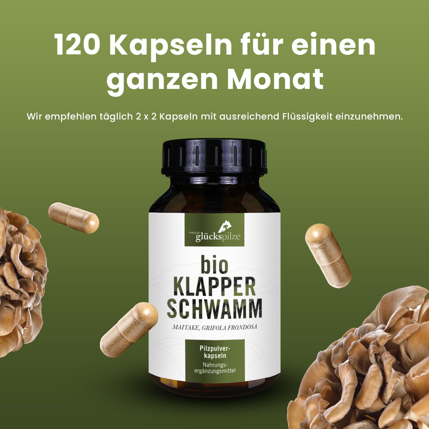 BIO Maitake Kapseln - Maitake Klapperschwamm Pilz Pulver Kapseln vom ganzen Pilz - Vitalpilz Grifola frondosa Pilzpulverkapseln ultrafein vermahlen - AT-BIO-701 Bio-Zucht in Österreich - 120 Stk
