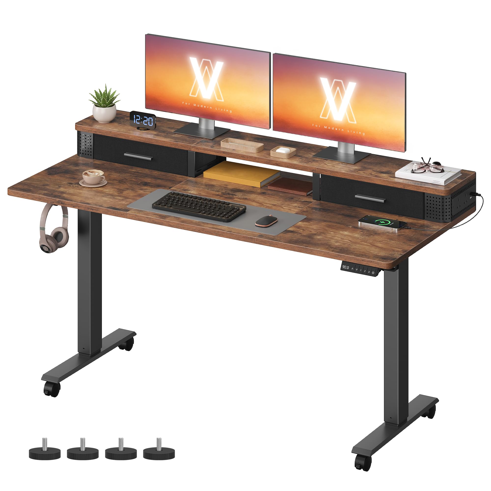 VASAGLE Electric Standing Desk with Built-In Power Strip, 140 x 60 x (72-120) cm, Adjustable Height, Monitor Stand, 2 Hooks and Drawers, Memory Function, Rustic Brown LSD184KD03