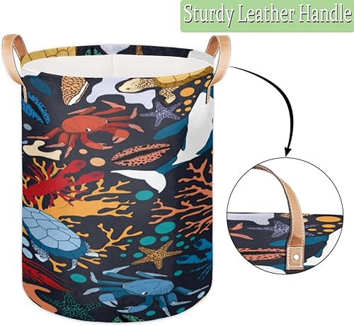 Miniatura 6 de Cesta de lavandería con asas de ballenas, tortugas y cangrejos, plegable, para baño, dormitorio, toallas