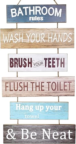 Miniatura 1 de HANTAJANSS Letreros de reglas de baño lindo letrero de reglas de inodoro de granja divertido letrero de arte de pared de madera para ayudar a