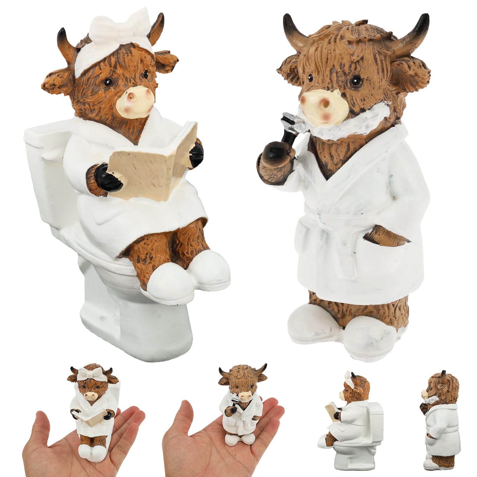 Bpyhebe 2Pcs Highland Cow Bathroom Figurines Resin Shaving & Toilet Reading Cow Farmhouse Decor Animal Gift