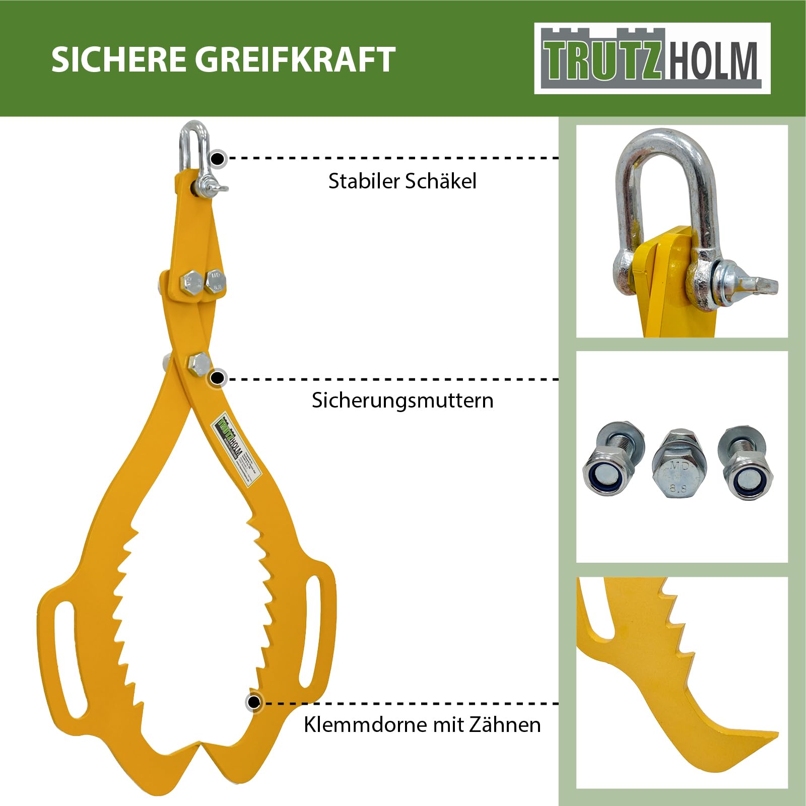 TRUTZHOLM Forstzange für Baumstämme Hebezange mit 2 Klemmdornen Verladezange Holzzange Rückezange zum Heben, Bewegen und Verladen von Holz in RAL 1003 Signalgelb (1000 kg)