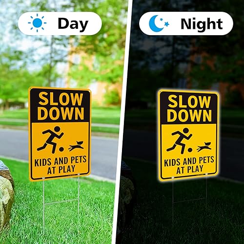 Miniatura 4 de Paquete de 2 letreros metálicos de Slow Down para niños y mascotas en juego con estacas en H, letreros reflectantes de aluminio de 14 pulgadas y 10