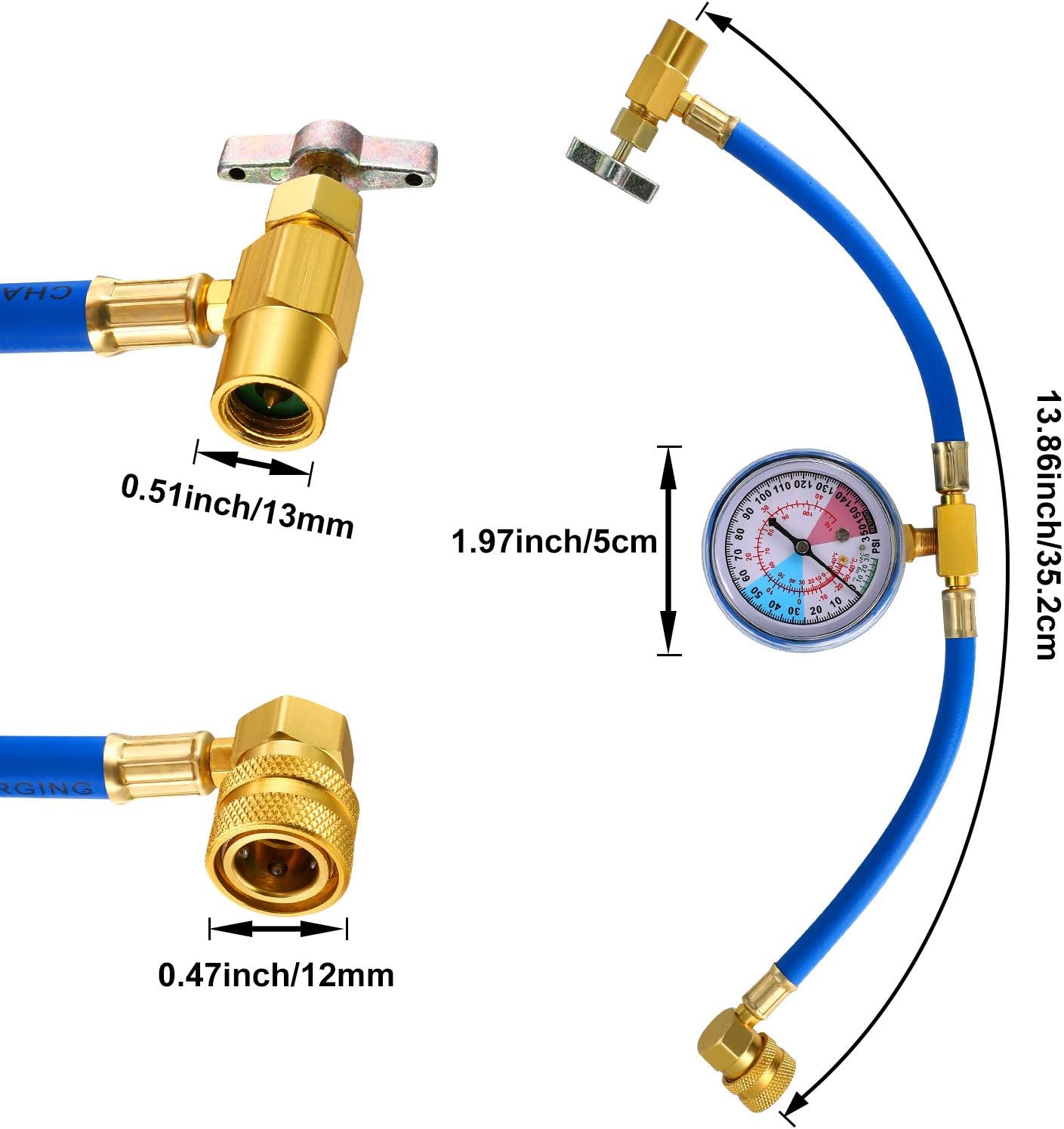 Mudder R134a Refrigerator Recharge Kit with Bpv31 Bullet Piercing Valve, Hose Refrigerant Can Tap with Gauge R134a Can to R12/r22 Port 1/2 and Universal Retrofit Valve(Classic,Blue and Red)