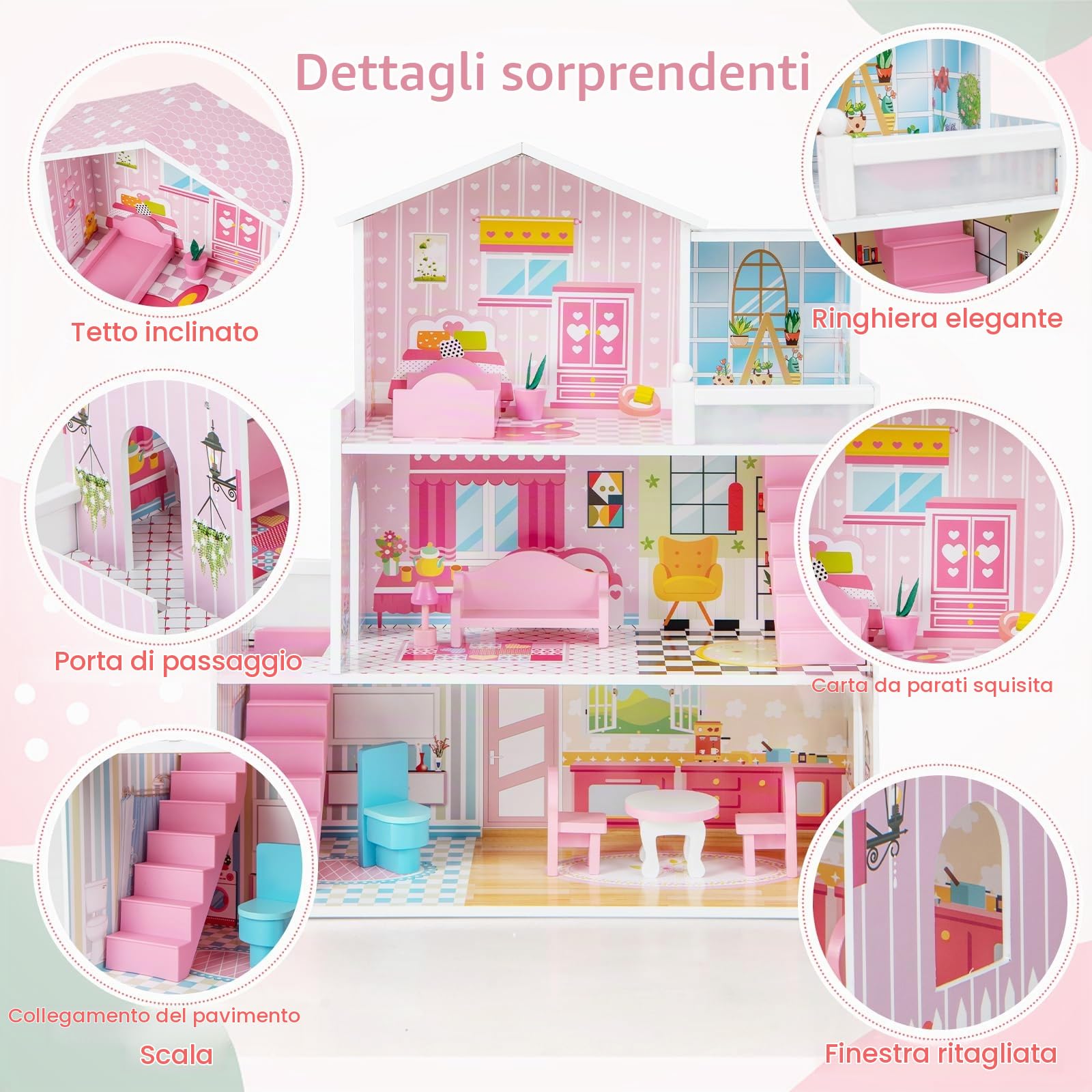 HOMASIS Casa delle Bambole a 3 Ripiani, Casetta Legno Bambole con 5 Stanze, Villa dei Sogni, Giochi per Bambine e Bambini dai 3 Anni, 60 x 25 x 70 cm, Rosa
