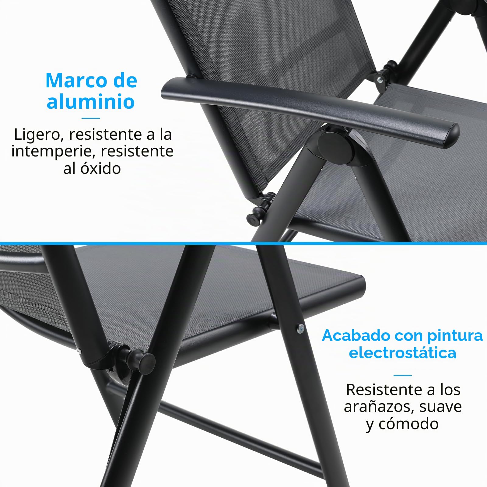 LIFERUN Conjunto Mesa y Sillas Jardin Exterior Aluminio de 3 Piezas, 2 Sillas Respaldo Alto Plegable Ajustable y 75x75x72 cm Mesa WPC, Juego de Muebles de Terraza y Balcón, Negro