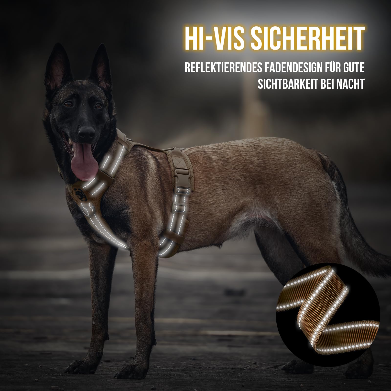 OneTigris Hundegeschirr, Diesel Einstellbar Taktisches Geschirr Weich Gepolstert Brustgeschirr für mittelgroße und große Hunde mit Reflektierend, 1 Griff, 3 D-Ringe (Braun, M)
