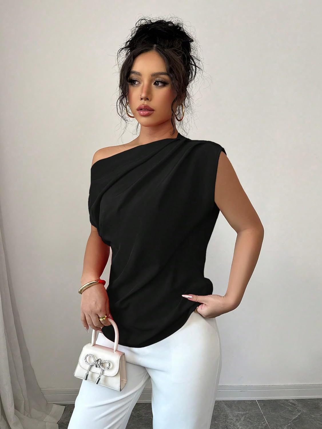 SOLY HUX Women's Blouse Ruched Off The Shoulder Short Sleeve Asymmetric Neck Summer Tops - Image 3