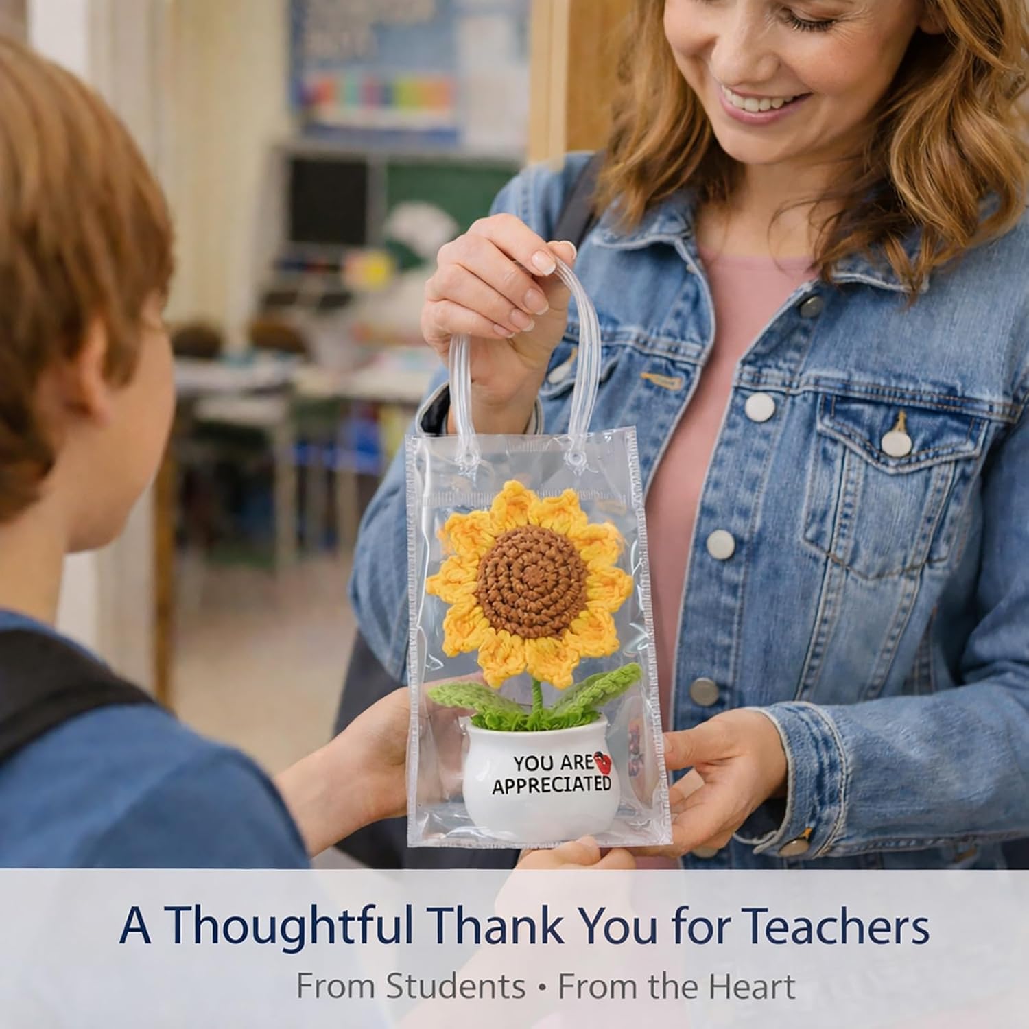 Crochet Sunflower Teacher Gift – Handmade, Never Wilt Desk Decor for Classroom or Office, Thoughtful Thank You Appreciation Gift from Students or Parents - Image 3