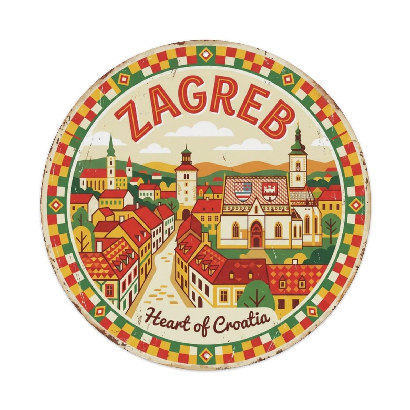 Vintage Travel Zagreb Croatia Town Metal Tin Sign Plaque Wall Decor for Cafe, Club Bar, Office, Home Garden Round Metal Poster 8x8Inch