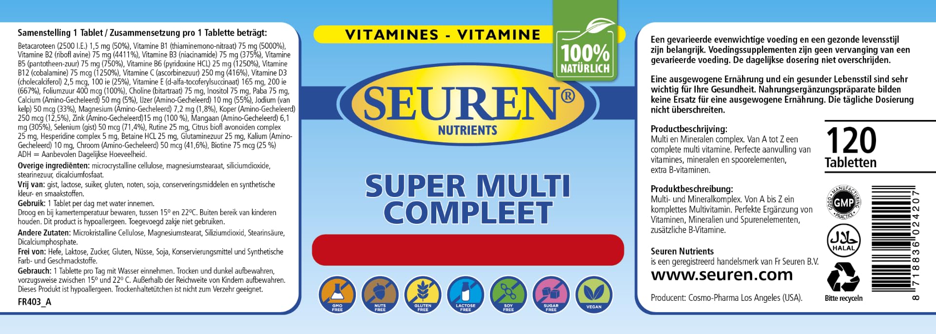 Seuren Nutrients | Super Multi Compleet | Multivitamine | 120 Tabletten | Männer & Frauen| Glutenfrei | Laktosefrei | Zuckerfrei | (100% natürlich)| hochdosiert multivitamine