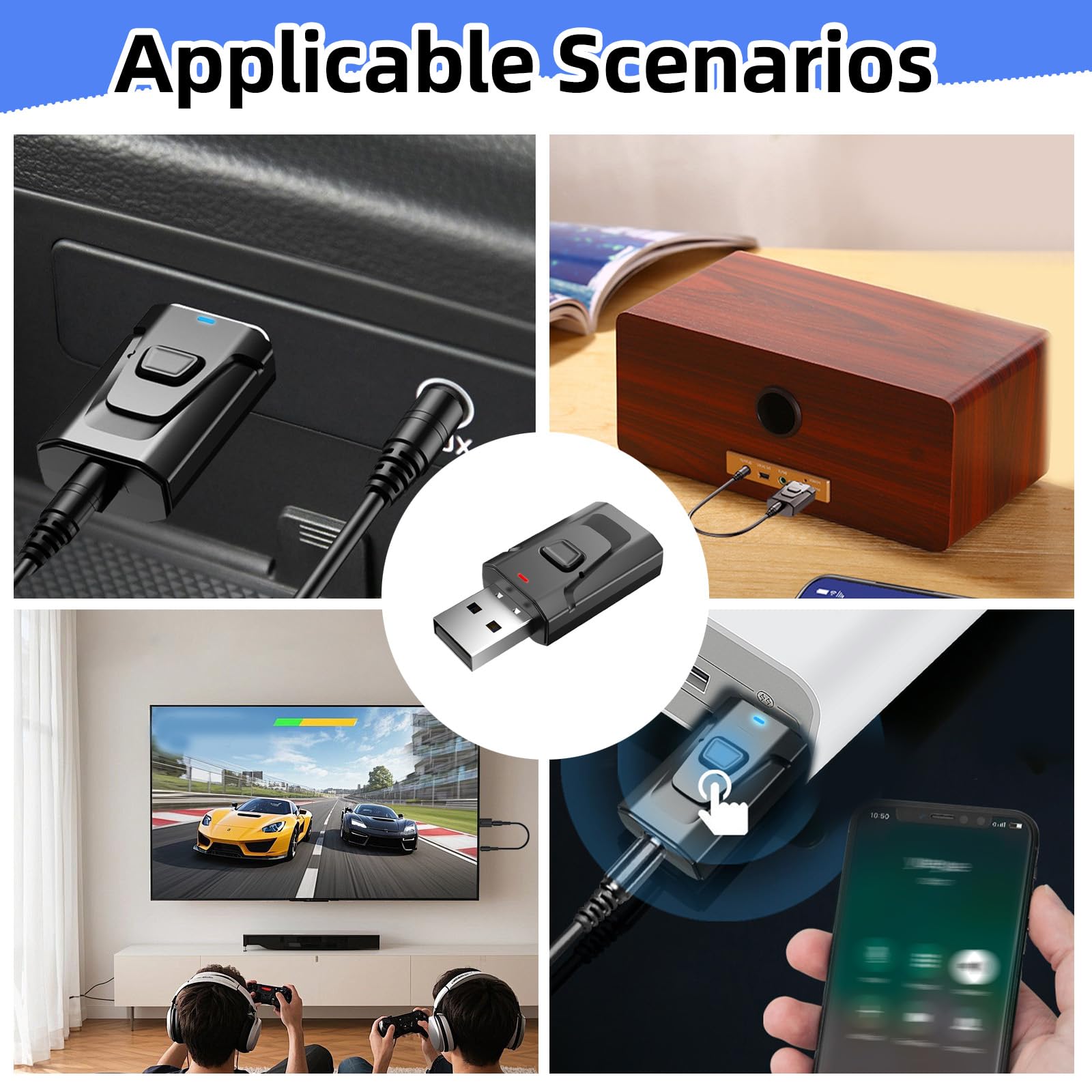 Adaptateur Bluetooth USB 5.0 2-en-1 (émetteur et récepteur), Audio stéréo sans Fil avec Prise Jack 3,5 mm pour TV, PC, Voiture, Enceintes, Casque, Mains Libres, sans Latence