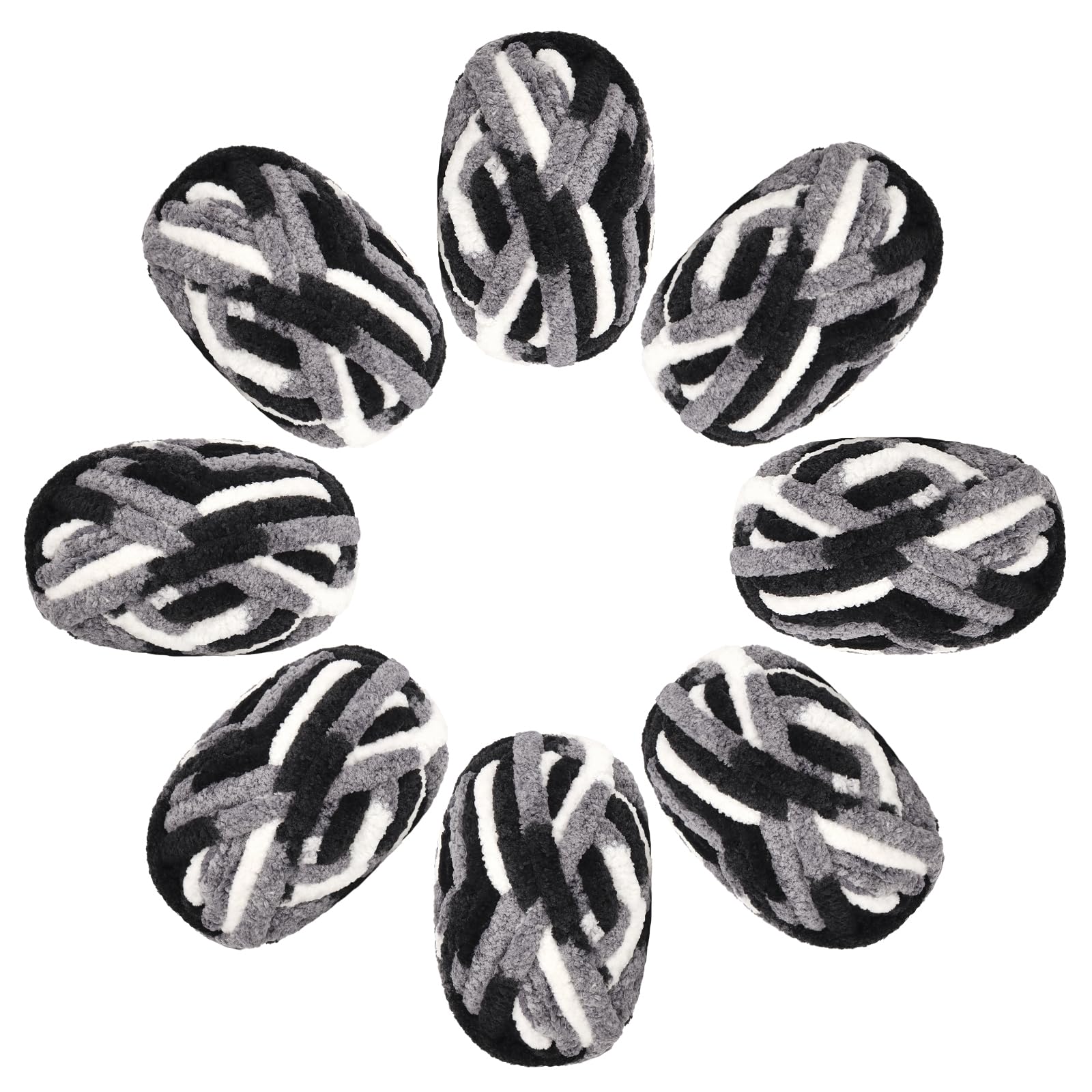 Thick Chunky Yarn Blanket, Aeelike #8 Grey Black White Extra Jumbo Chunky Yarn for Hand Knitting, Super Bulky Soft Fluffy Chenille Giant No Knots for Finger Knit Crocheting, 8 Pack (200 yds 64 oz)