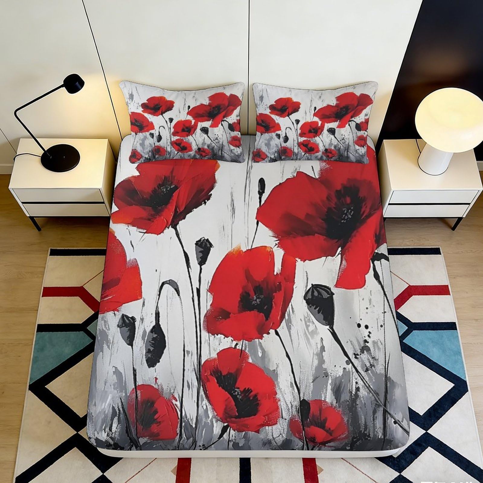Jqzkxnhpbr Style-4 3D Printed Red Poppy Fitted Sheet Microfiber Soft Floral Black White Mattress Cover For Bedroom Guestroom Decor 90X200x25cm
