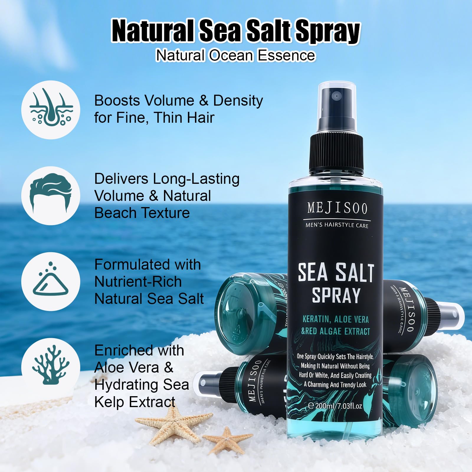 Flintronic Spray z solą morską, 2 szt., spray z solą morską dla mężczyzn i kobiet, objętość i tekstura, z naturalnymi składnikami roślinnymi, elastyczny materiał, 200 ml