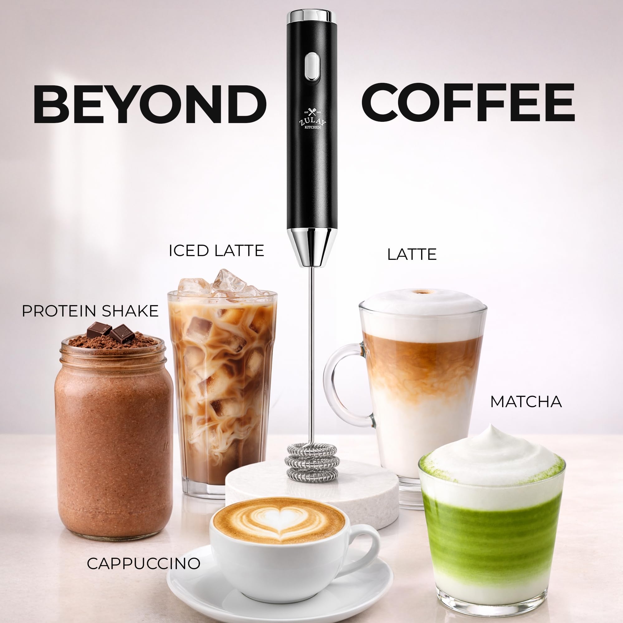 Zulay Kitchen Mousseur à lait portable rechargeable – Baguette à mousser – Mélangeur de boissons, fouet électrique pour cappuccinos, matcha et poudre de protéines – 4 fouets ultra métalliques, 1800