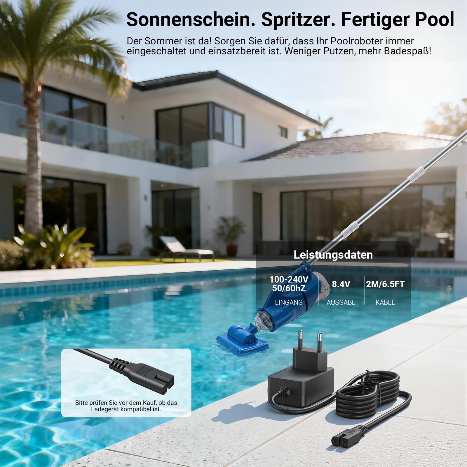 8.4V Ladegerät für Poolsauger Kompatibel mit Pool Blaster Catfish Li Ultra 21051DL/22151EL/26051SL Poolroboter Schwimmzubehör Netzkabel DC-Adapter