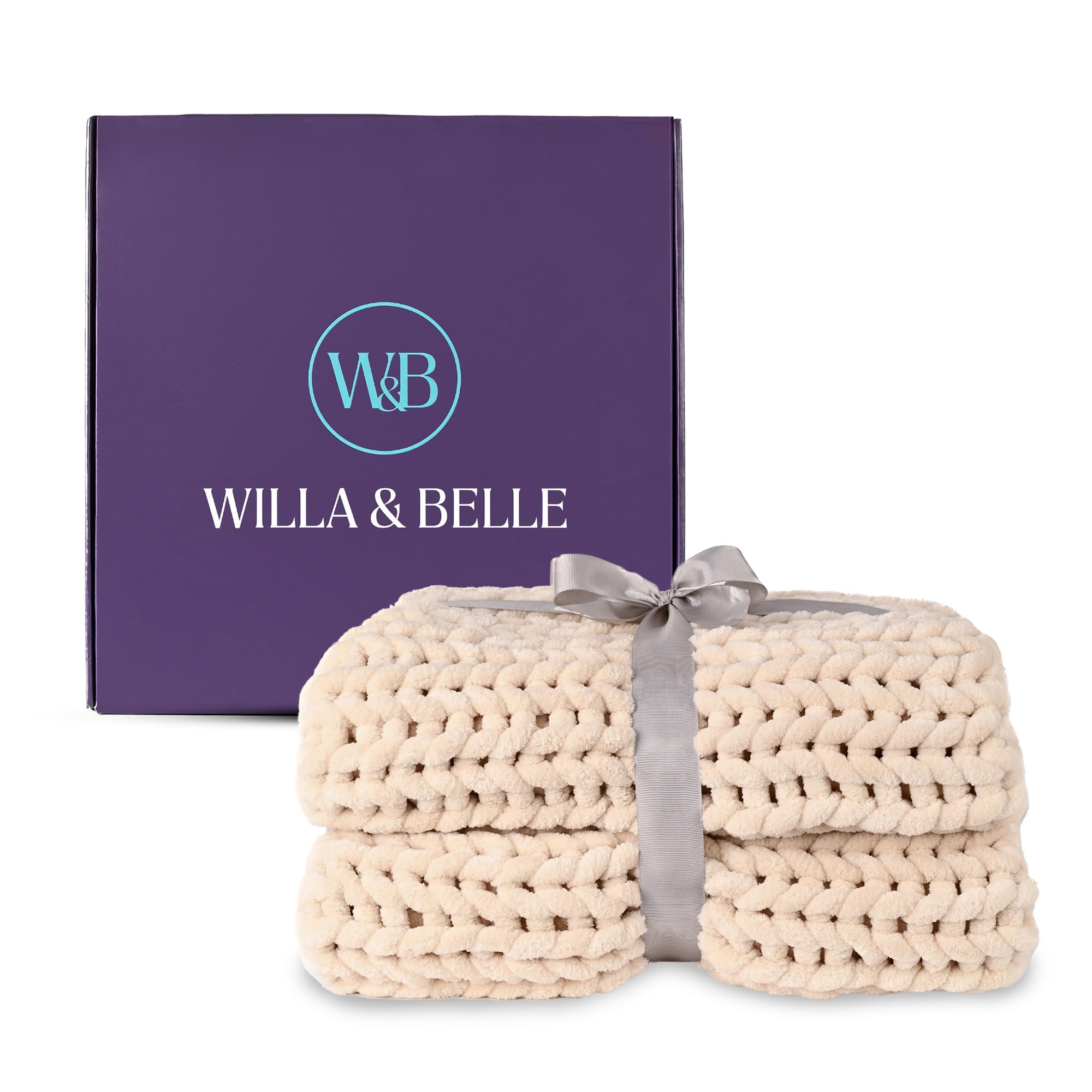 Willa and Belle Cream Chunky Knit Blanket, Luxury Weighted Blanket Throw, Giant Yarn Throw for Couch and Bed 50x60