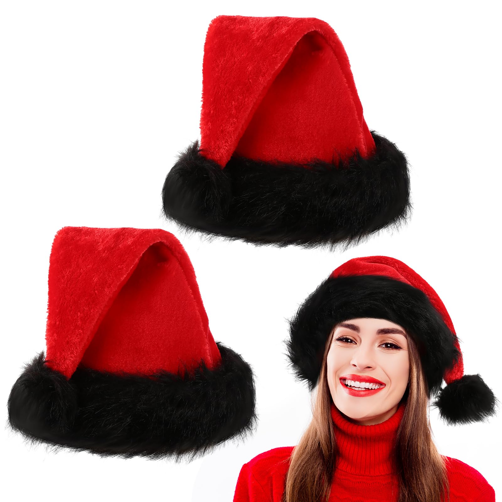 Eurzom 2 Pcs Christmas Santa Hat Furry Santa Hat Christmas Hat with Comfort Lining and Plush Brim Large Unisex Plush Santa Hat for Women Men (Red Plush)