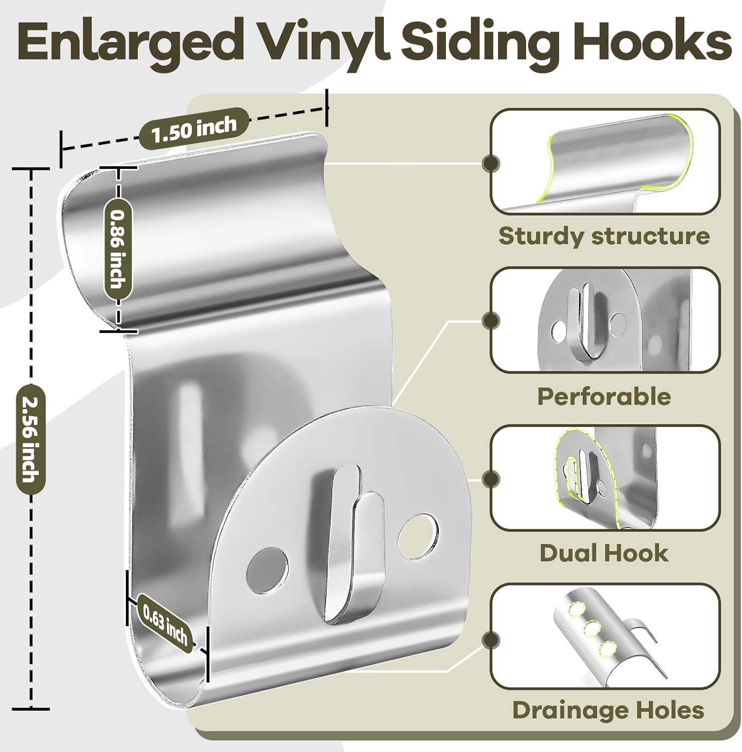 Vinyl Siding Hooks, 10-Pack Stainless Steel No Hole Vinyl Siding Clips, Holds up to 20lbs, Heavy Duty Siding Hooks for Hanging Outdoor, Double Clips for Wreaths, String Lights, Signs, Easter Decor