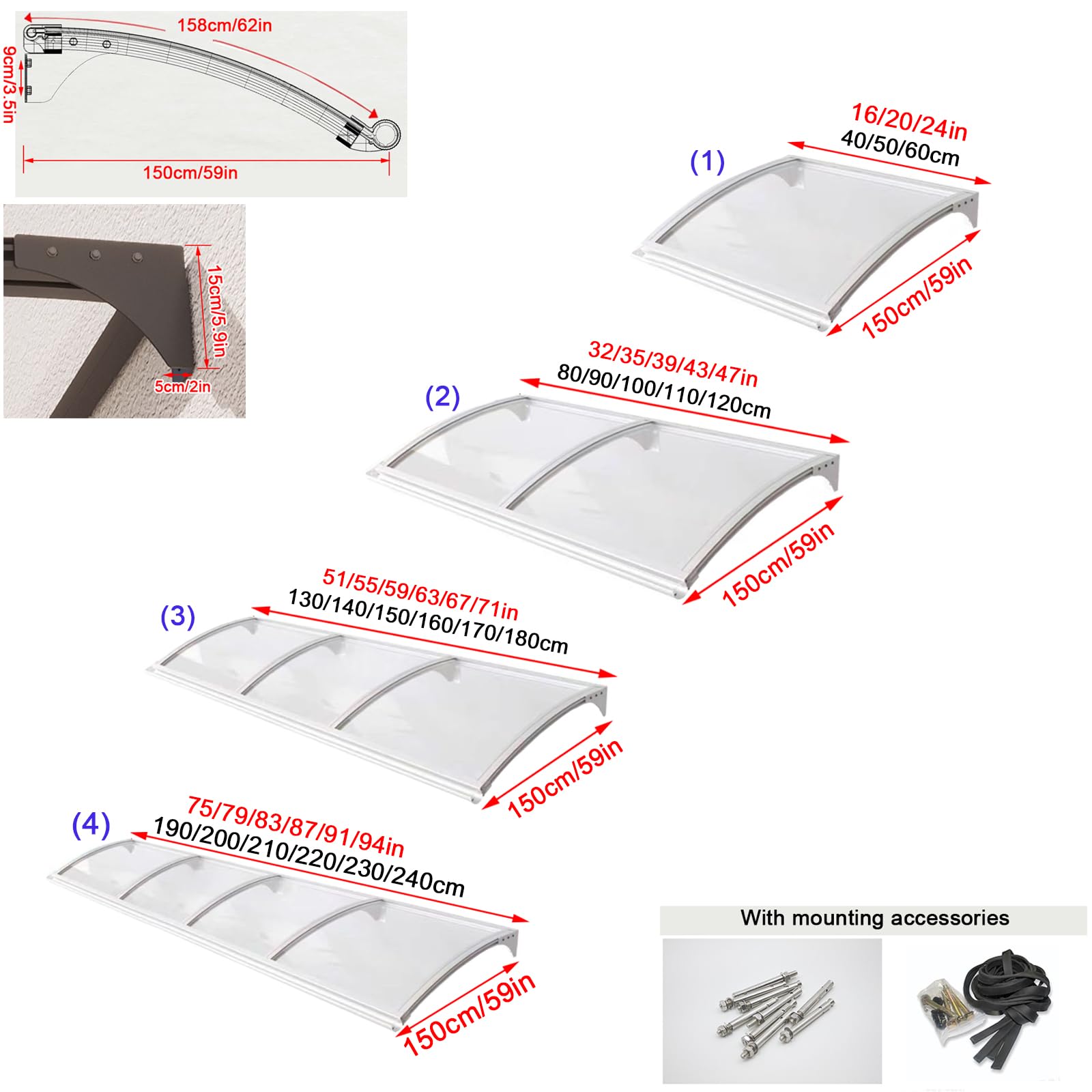 Vordach Aus Polycarbonat – Transparent, 40x160 Cm – Mit Montagezubehör, UV-Schutz 99%