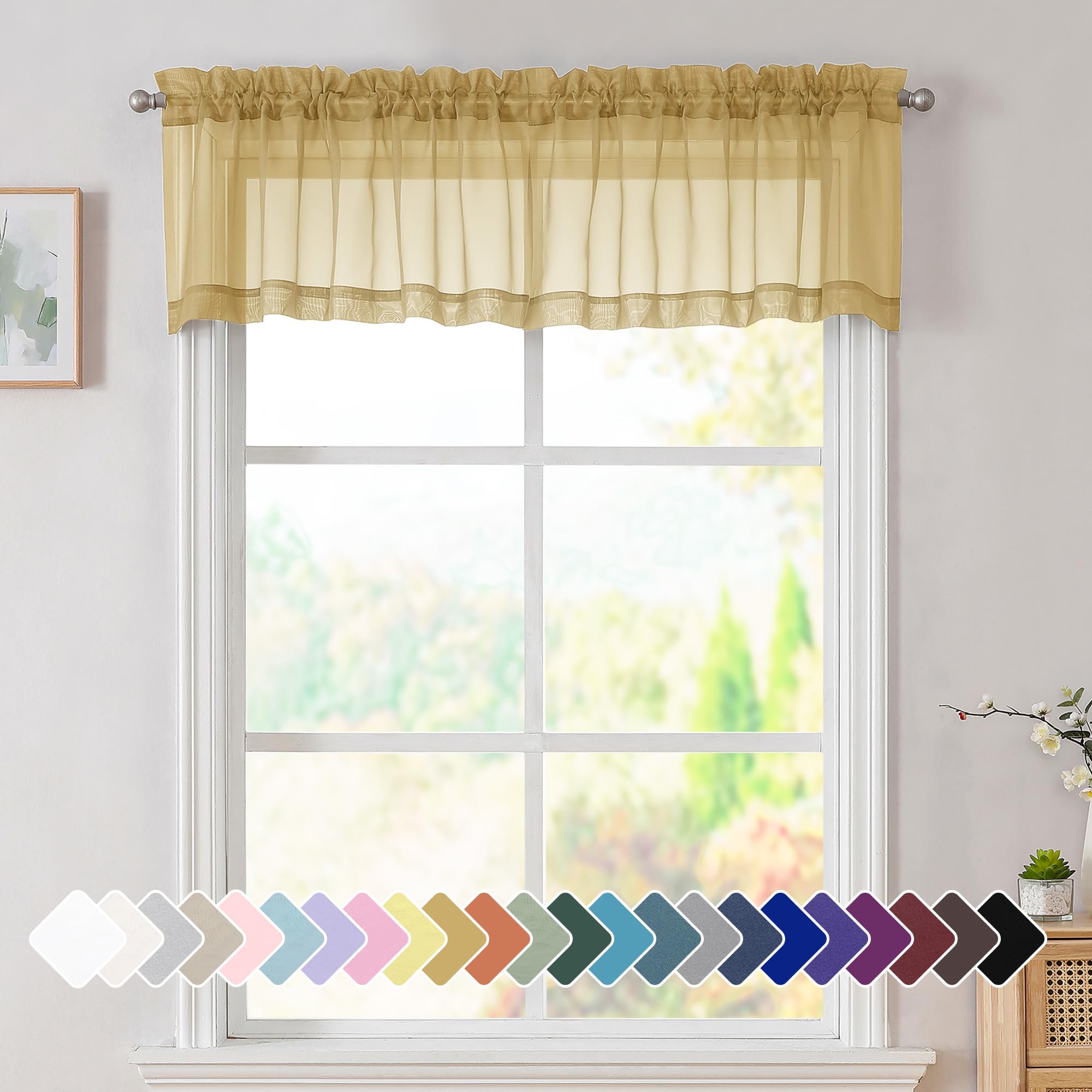 Simplebrand Gold Sheer Valances for Window 14 inch, 2 Panels