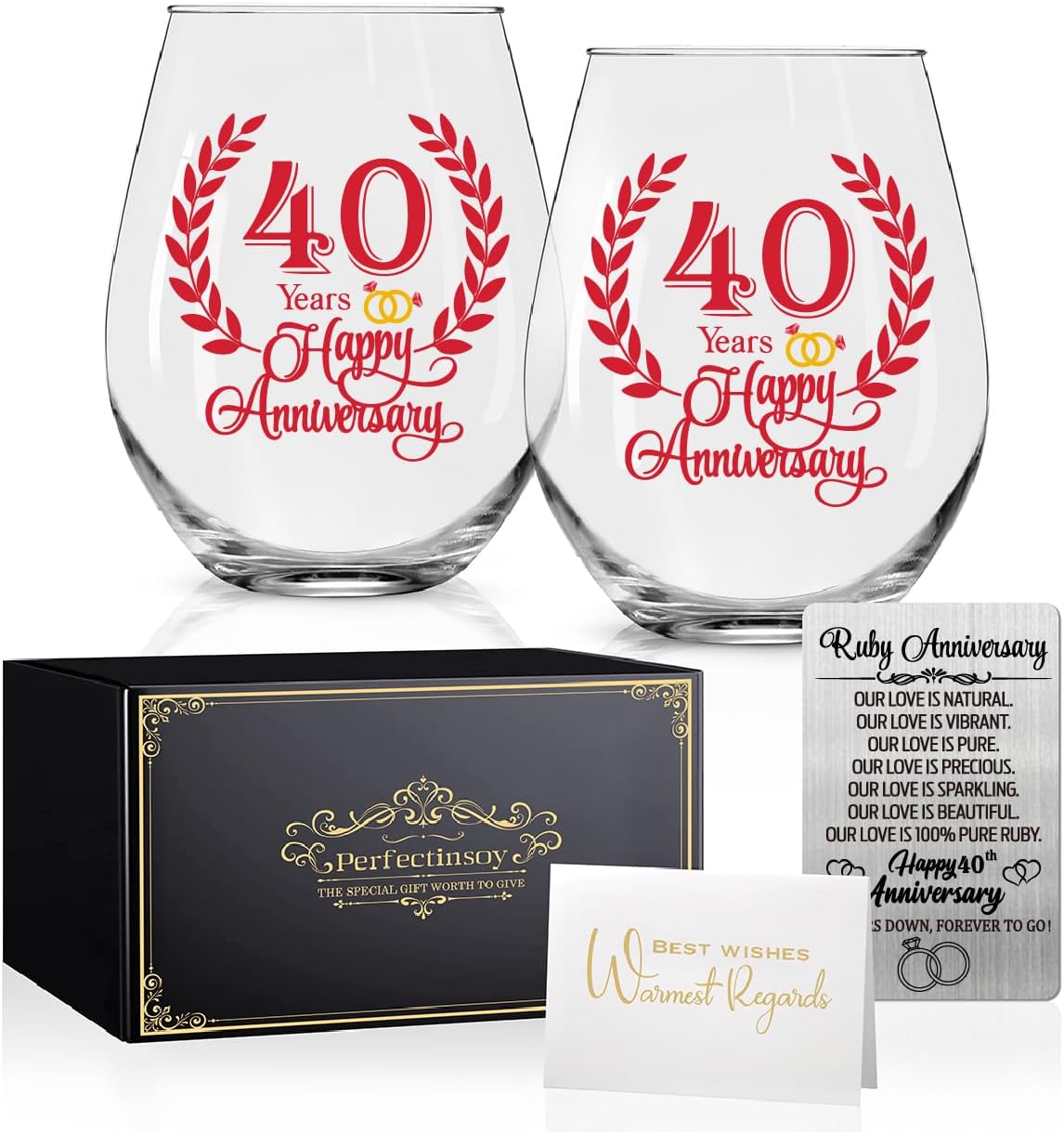Perfectinsoy 40 Years Happy Anniversary Wine Glasses Set of 2 with Metallic Memorial Card, 40th Anniversary Birthday Gifts for Parents, Wife, Soulmate, Couple, Funny 40 Years Milestone Gift
