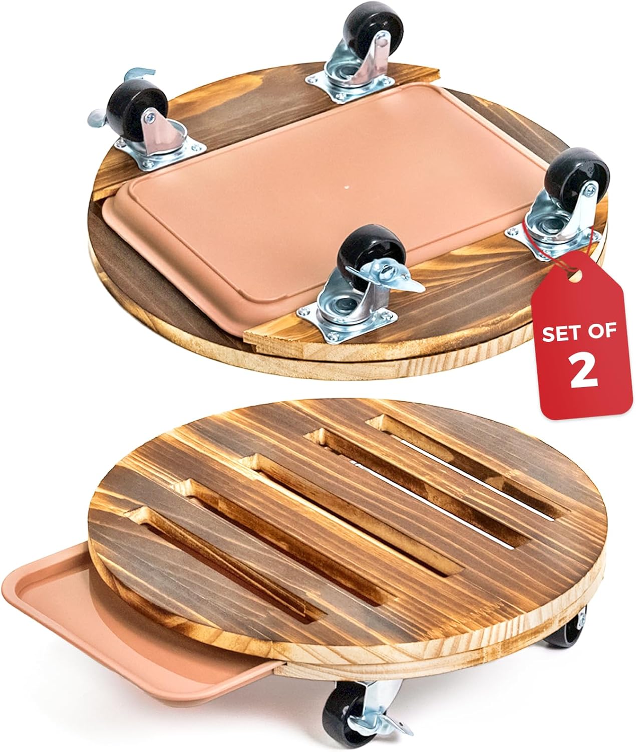 Bamworld Plant Caddy 2 Pack Round Wooden with Integrated Drainage Tray, 12 Inch Rolling Plant Stand with Lockable Caster Wheels, Heavy Duty Planter Dolly for Indoor Outdoor Pots