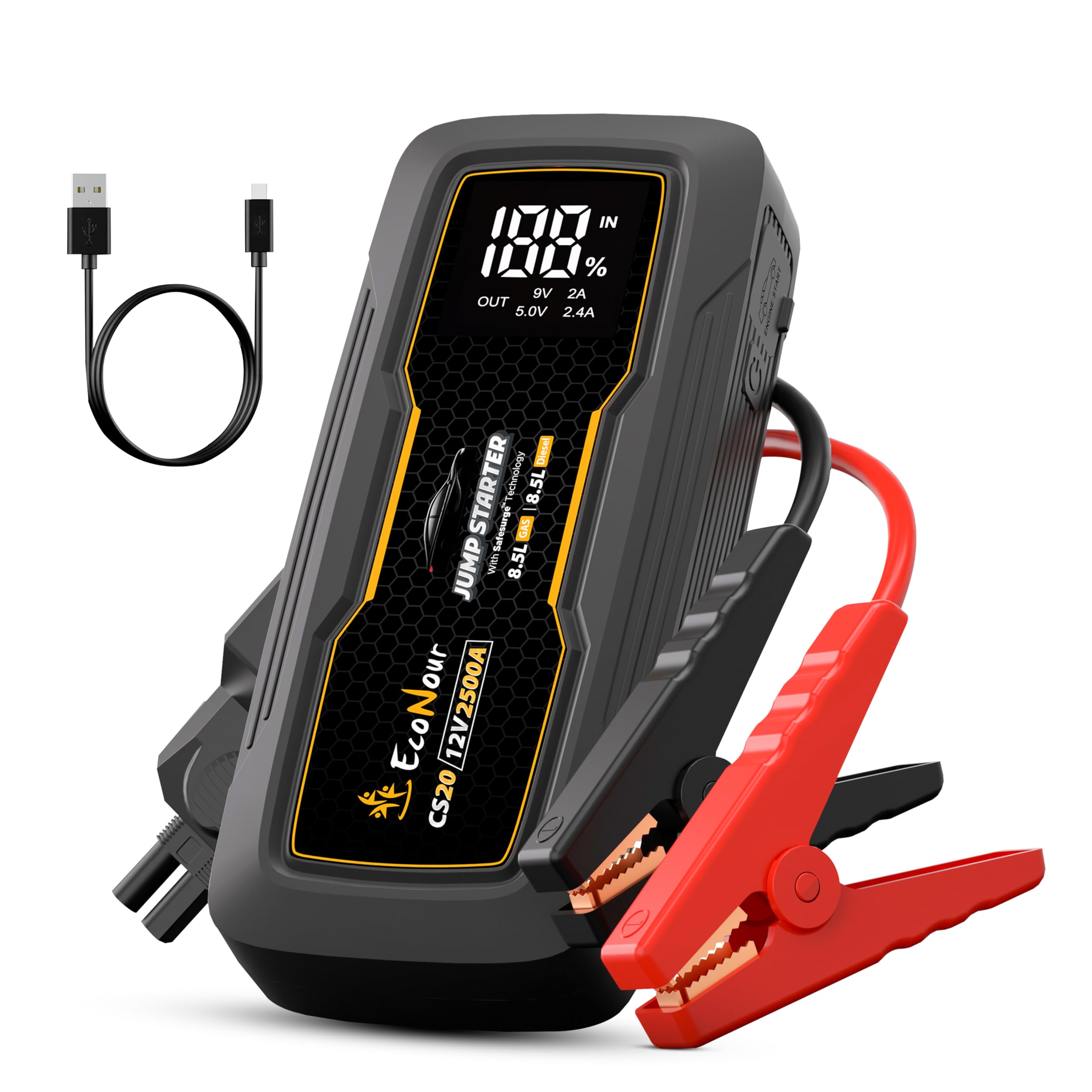 EcoNour 2500A Portable Jump Starter for Car 12V Lithium Jump Box for 8 5L Gas and 8 5L