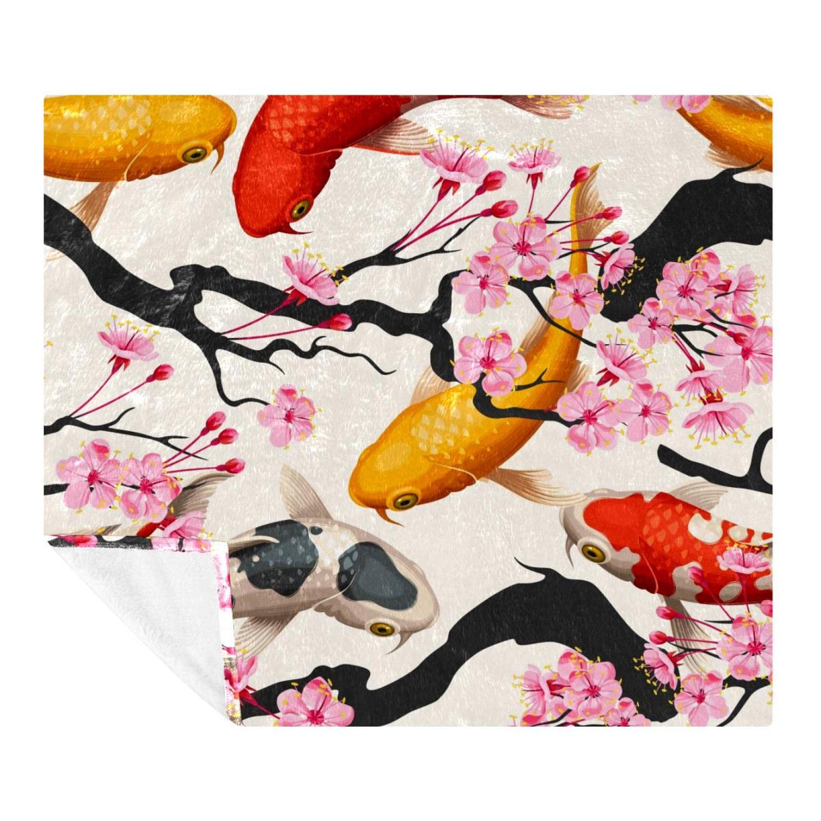 Couverture polaire légère motif koï, plaid microfibre respirant et chaud pour lit