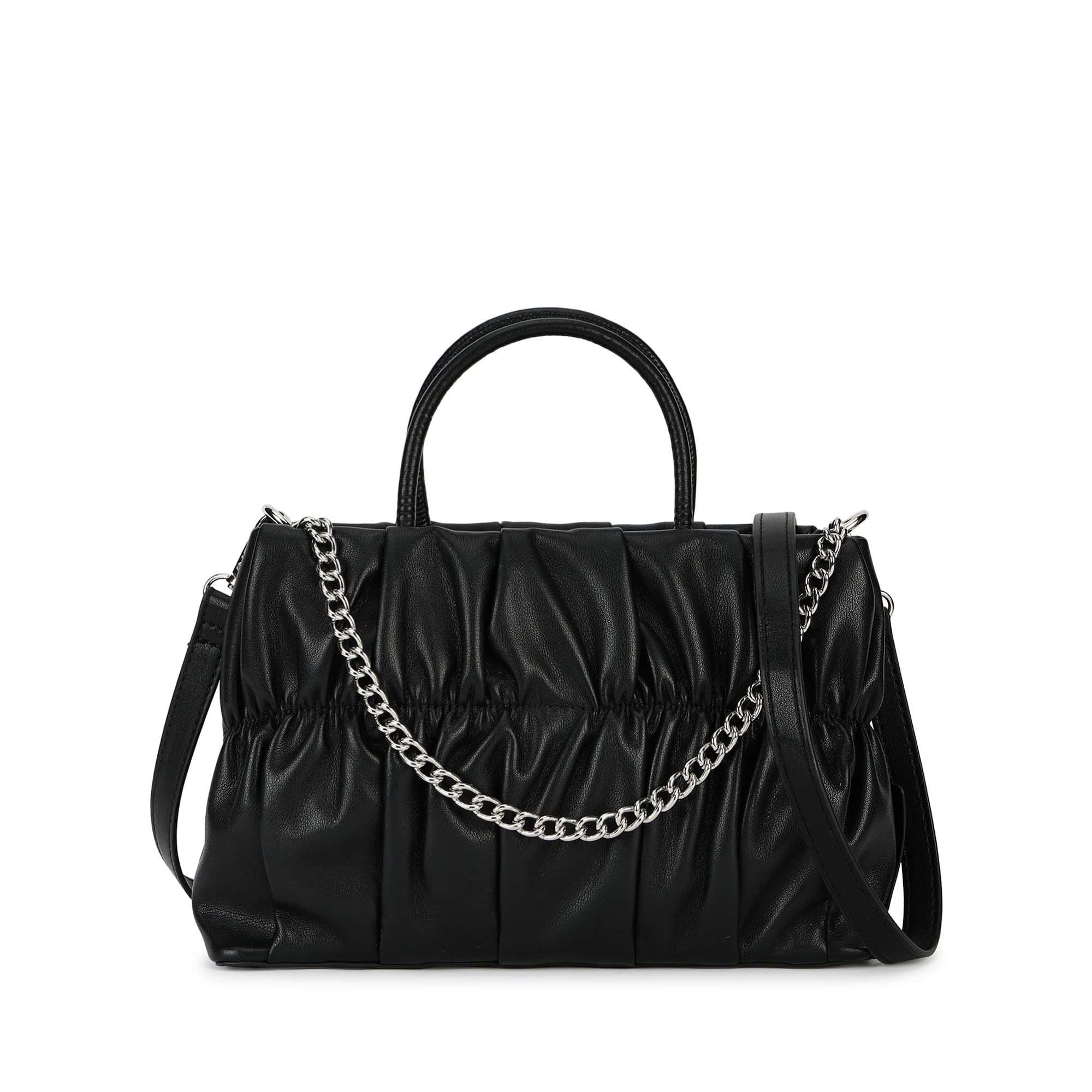 Ruched Faux Leather Satchel Bag for Women | Structured Handbag with Detachable Chain Strap, Zippered Compartment and Inner Pockets | Elegant Convertible Bag for Casual Carry-image-47