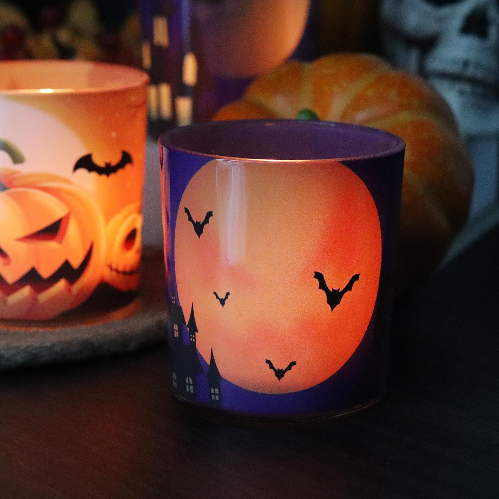 Halloween Candle Holders 4PCS, SHMILMH Glass Votive Tealight Candle Holders Candle Jars for Halloween Table Centerpieces, Fireplace, Mantel