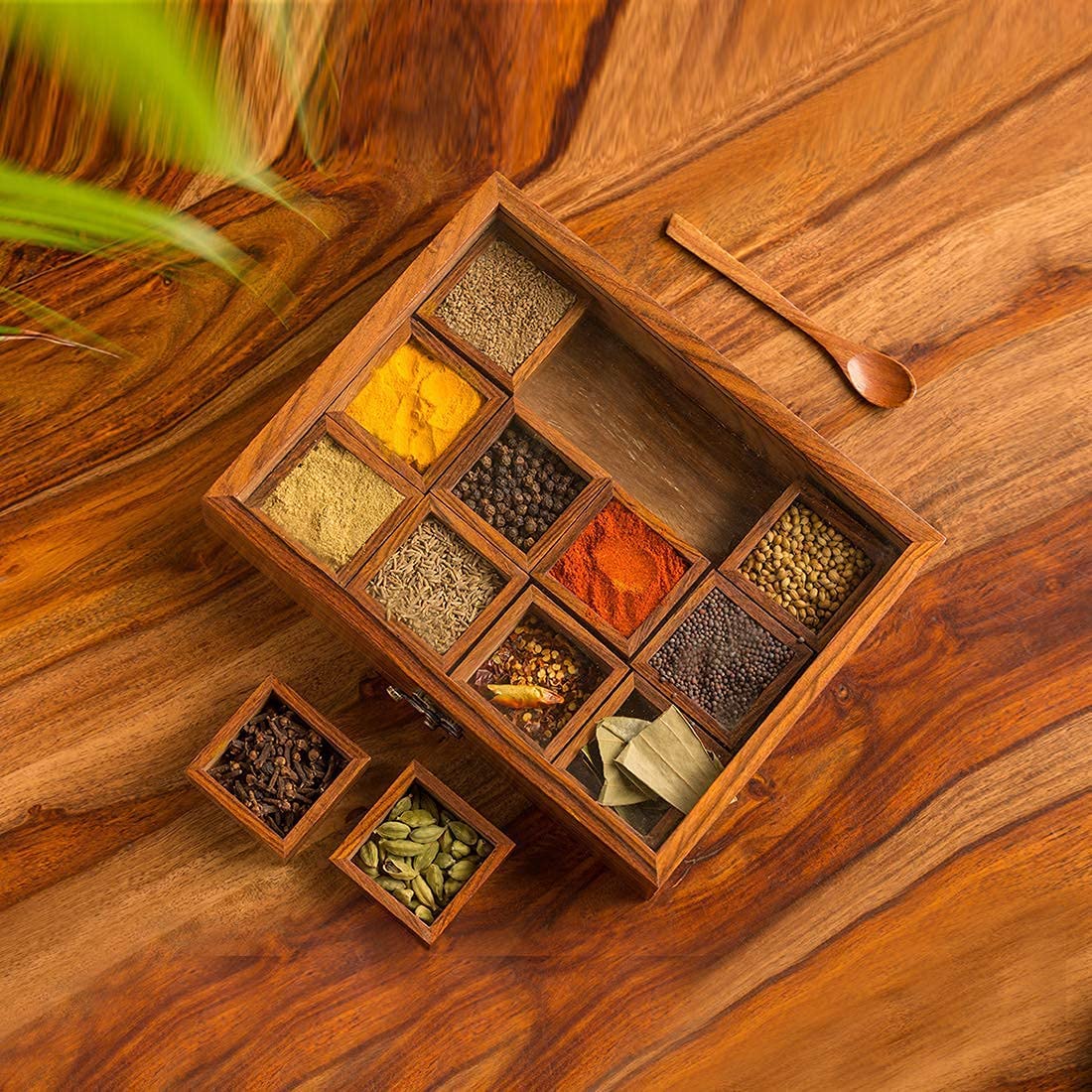 Buy Ajuny Wooden Masala Dabba Spice Storage Box With Glass Lid on Top