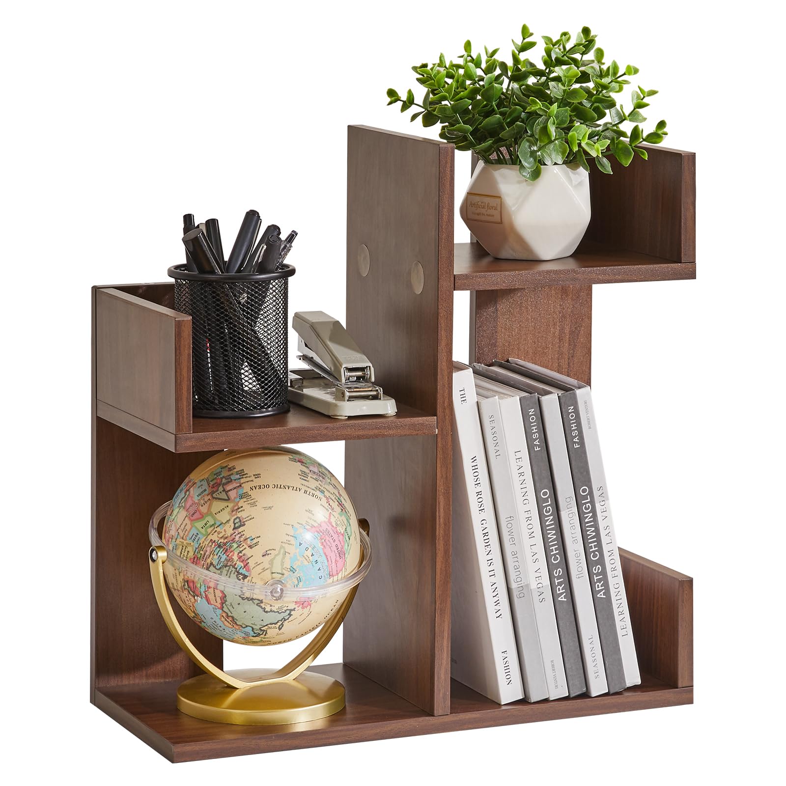 Aibiju Small Bookshelf - Unique Cactus Design, Kitchen Counter Shelf, Light Walnut Wood, YD-DSR002LW
