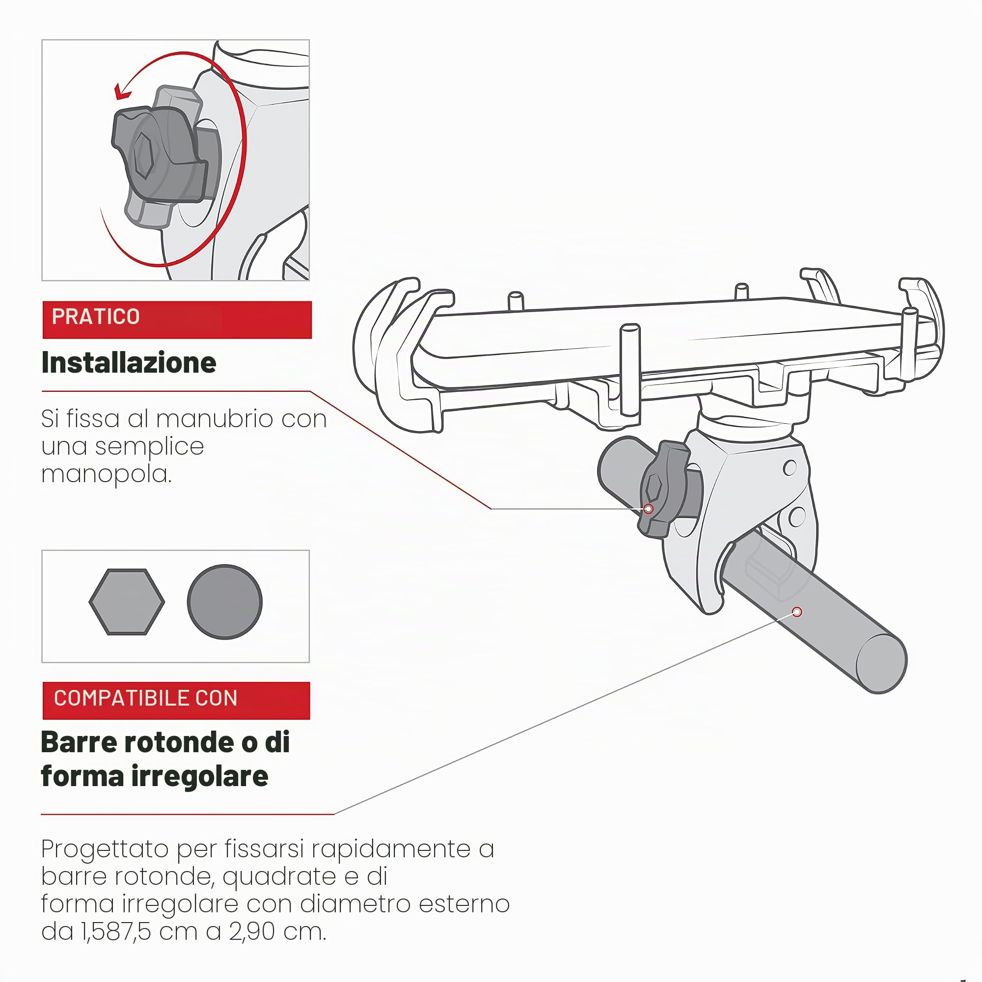 RAM MOUNTS Quick-Grip XL - Supporto per telefono da moto, con gancio resistente | Morsetto a basso profilo per binari da 1,587 a 2,90 cm per telefoni grandi, biciclette, ATV e UTV
