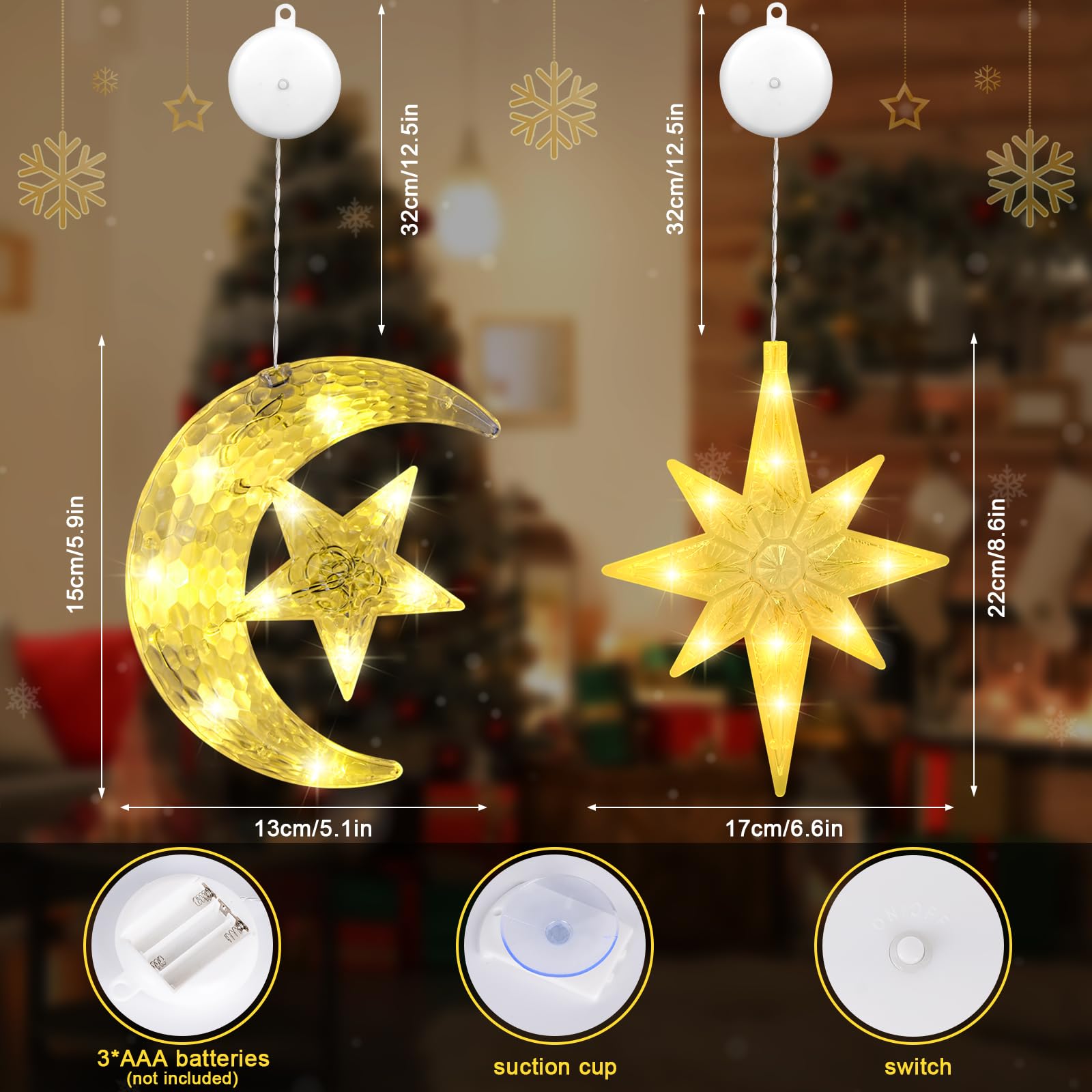 FORMIZON Luci Natale a Ventosa Finestre, Luci LED Natale Stelle, Luminarie Natalizie, Decorazioni Natalizie Luce per Albero di Natale Porta Finestre Interni (moon and stars)